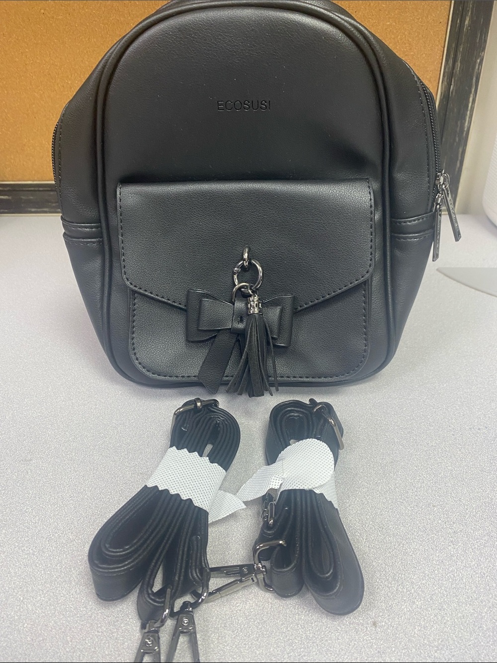 ECOSUSI Black Mini Backpack with Bow & Tassel Accent